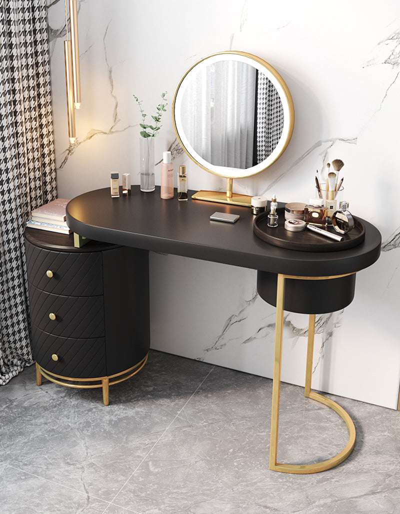 Le Di Vita elegant black dressing table with gold accents and round mirror for a sophisticated look