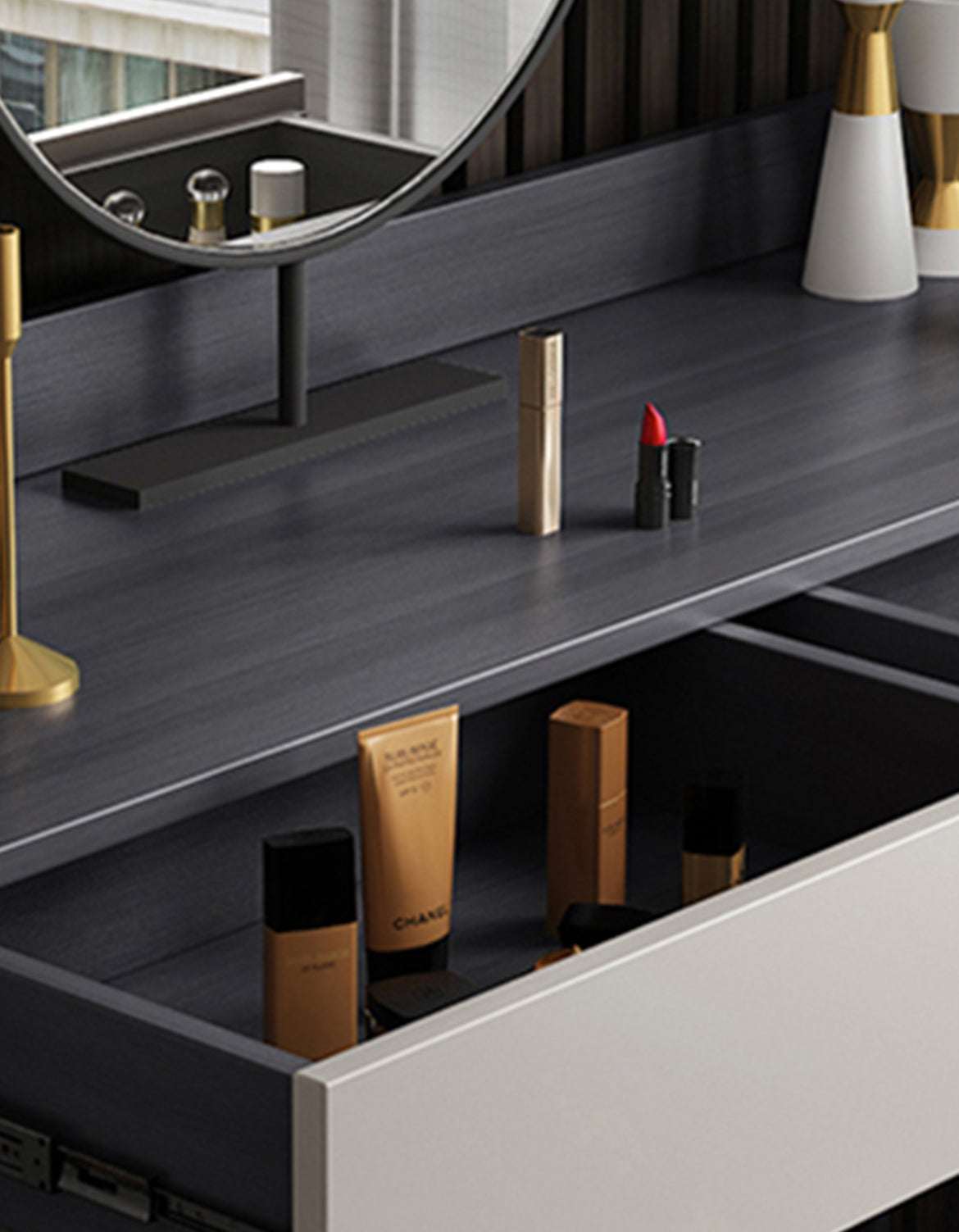 Le Di Vita Dressing Table with a large mirror and cosmetics displayed on the sleek surface