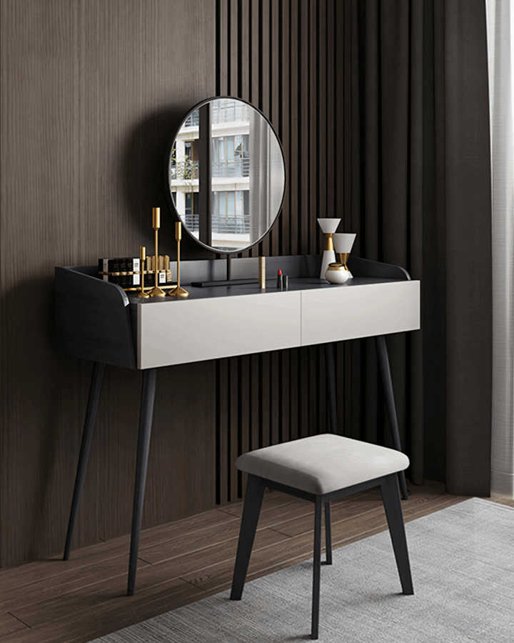 Le Di Vita Modern Dressing Table with Circular Mirror and Stylish Storage Drawers