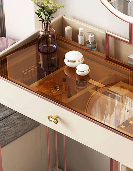 Elegant Le Di Vita Dressing Table with a Stylish Brown Glass Top and Organised Cosmetic Storage