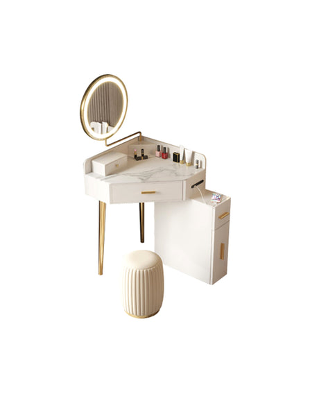 Le Di Vita elegant dressing table with round mirror and gold accents, perfect for makeup and grooming