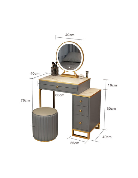 Le Di Vita Dressing Table with Round Mirror and Storage Drawers in Grey and Gold Finish
