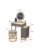 Le Di Vita Dressing Table with Round Mirror and Stylish Storage Drawers in Grey and Gold Finish