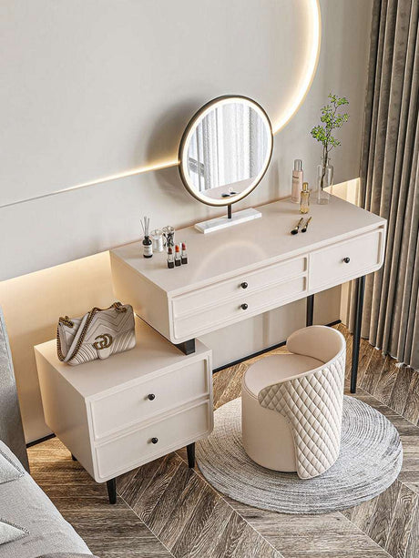 Le Di Vita modern Dressing Table with round mirror and stylish chair for elegant interiors