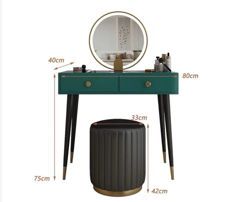 Le Di Vita Dressing Table in Green with Two Drawers and Round Mirror, Includes Matching Stool