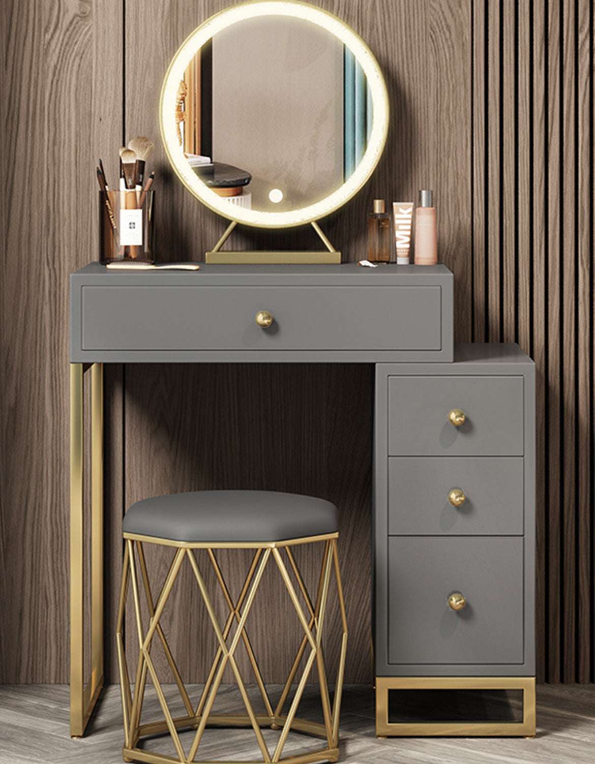 Le Di Vita Dressing Table with Round Mirror and Gold Accents for Stylish Makeup Application