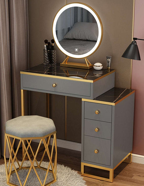 Modern Le Di Vita Dressing Table with Gold Accents and Round Mirror for Elegant Makeup Setup