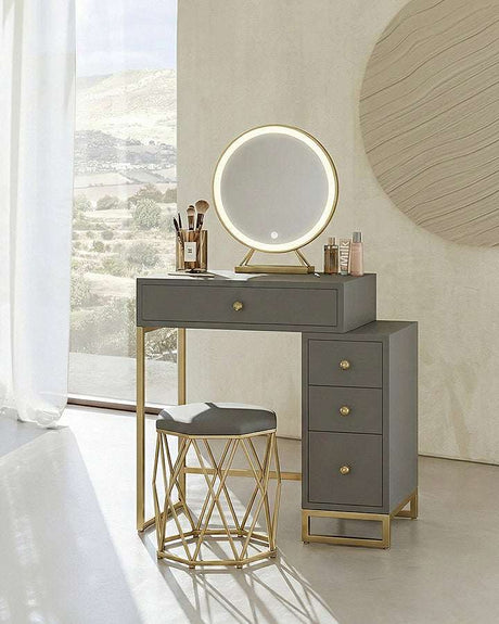 Le Di Vita Dressing Table with Round Mirror and Gold Accents, ideal for modern bedrooms