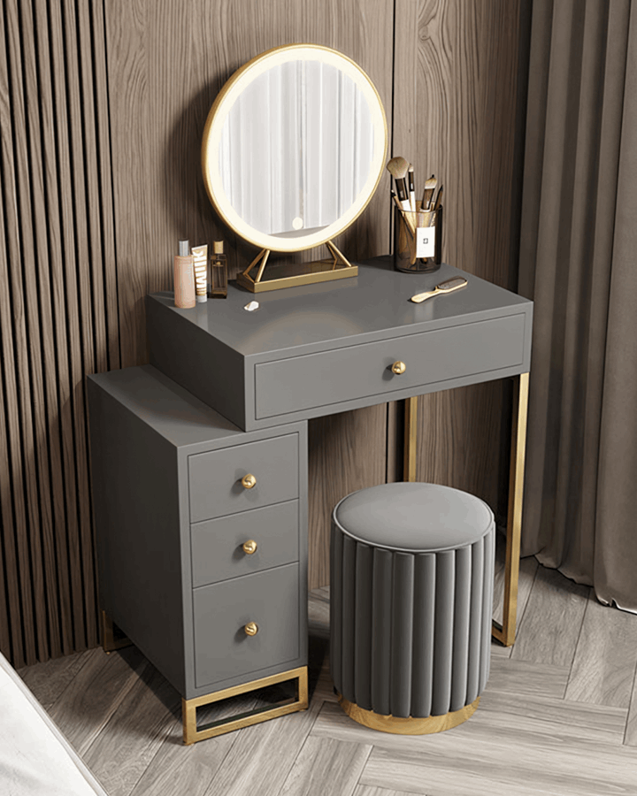 Le Di Vita Dressing Table with gold accents, round mirror, and storage drawers for a stylish vanity setup