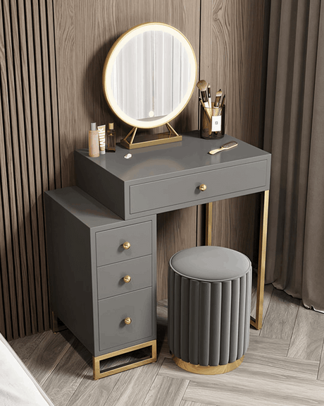 Le Di Vita Dressing Table with gold accents, round mirror, and storage drawers for a stylish vanity setup