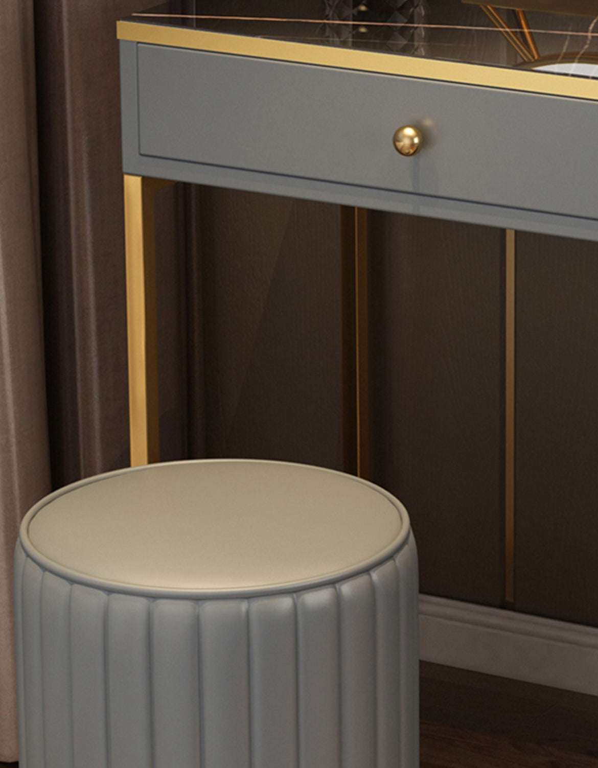 Elegant Le Di Vita Dressing Table with a stylish grey design and gold accents, featuring a comfortable stool
