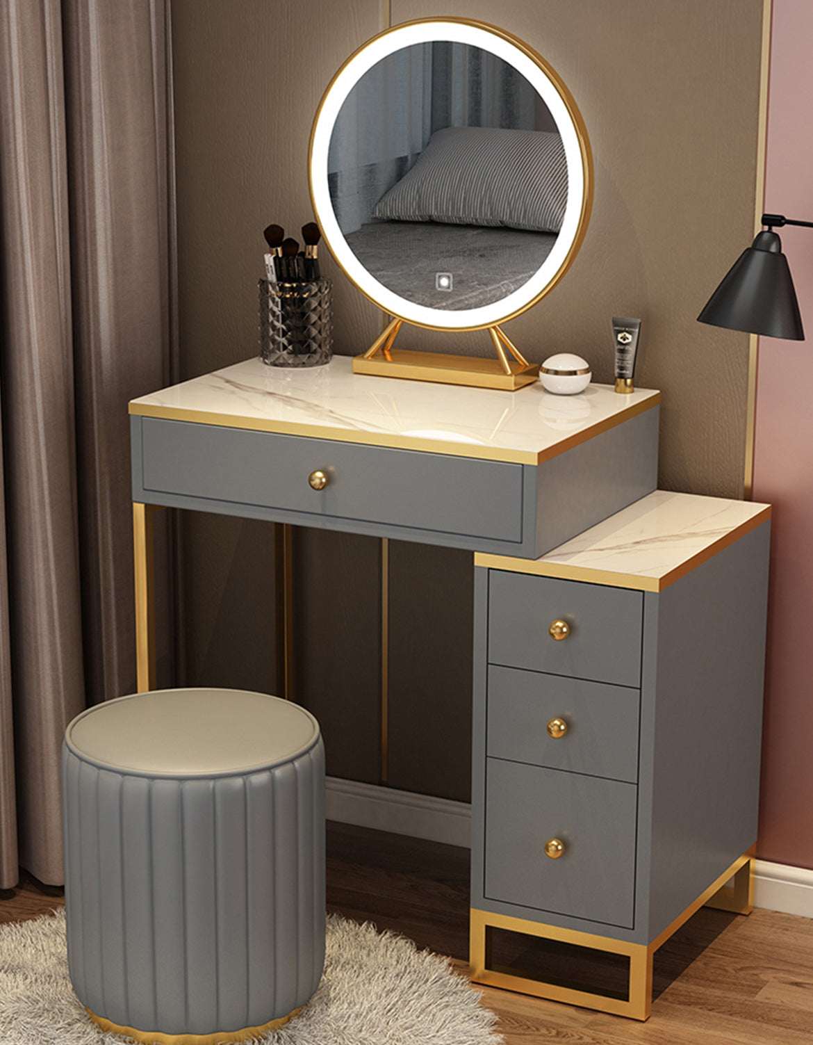 Le Di Vita Dressing Table with Circular Mirror and Gold Accents for Elegant Bedroom Decor