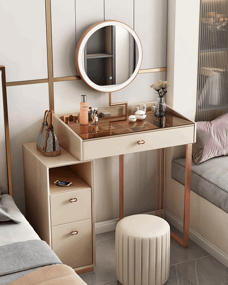 Le Di Vita elegant Dressing Table with round mirror and stylish storage compartments for bedroom decor
