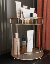 Elegant gold dressing table organiser featuring skincare products for stylish storage