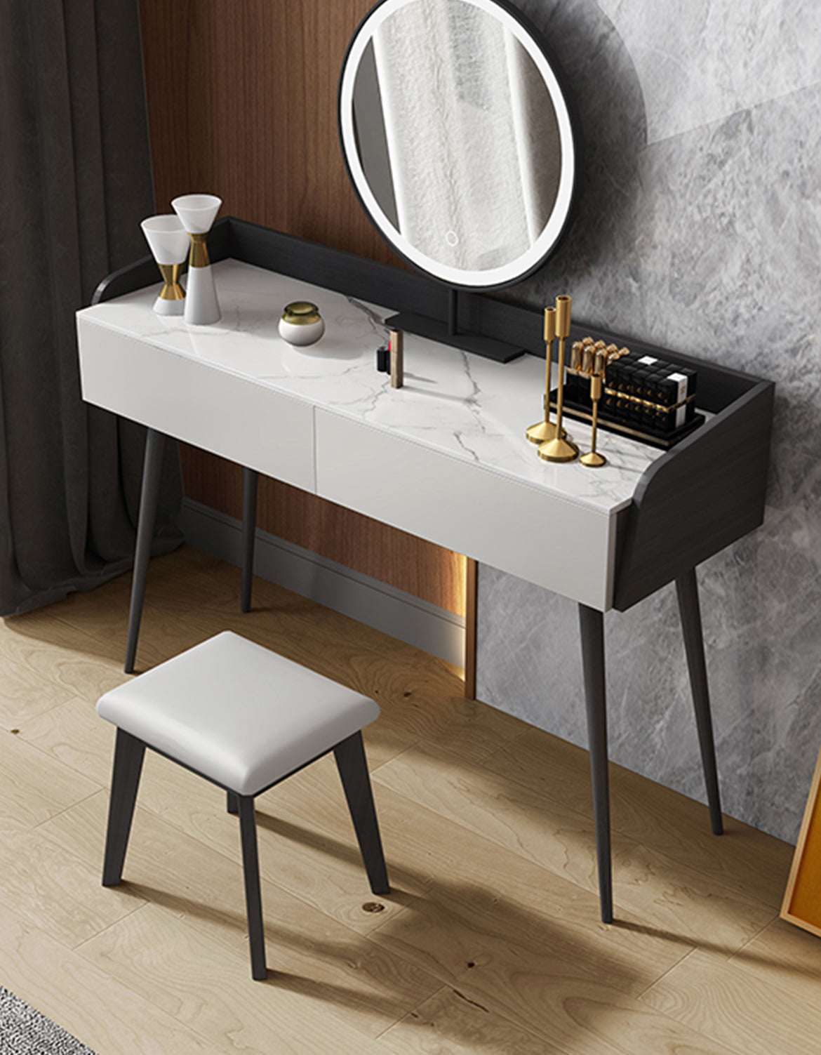 Stylish Le Di Vita Dressing Table with Marble Top and Elegant Mirror in a Modern Interior Setting