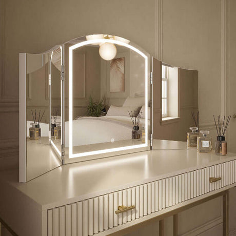 Stylish Hollywood Dressing Table Mirror with LED Lights and Folding Side Panels for Elegant Bedrooms