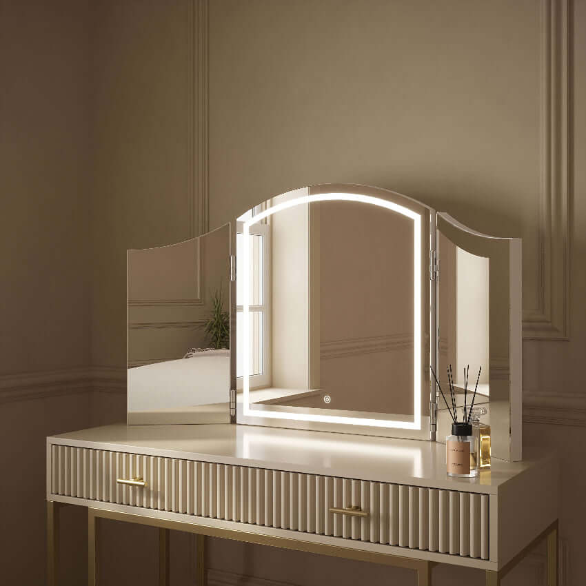 Elegant Hollywood Dressing Table Mirror with LED lighting and curved design for stylish vanity setups