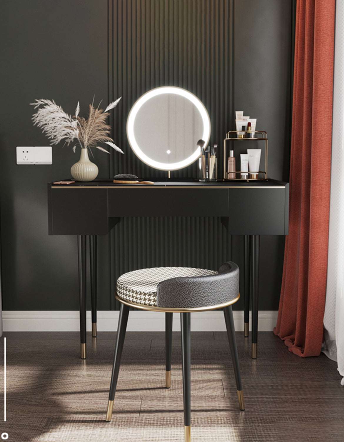 Stylish Le Di Vita Dressing Table with Circular Mirror and Black Legs in Modern Decor