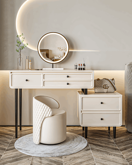 Elegant Le Di Vita Dressing Table with round mirror and stylish storage drawers in a modern interior