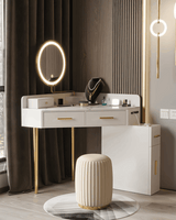 Le Di Vita modern dressing table with round mirror and gold accents for a stylish makeup area
