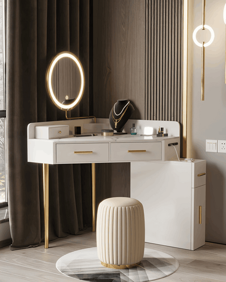 Le Di Vita modern dressing table with round mirror and gold accents for a stylish makeup area