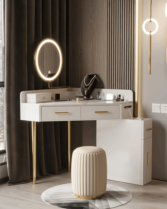 Le Di Vita modern dressing table with round mirror and gold accents for a stylish makeup area