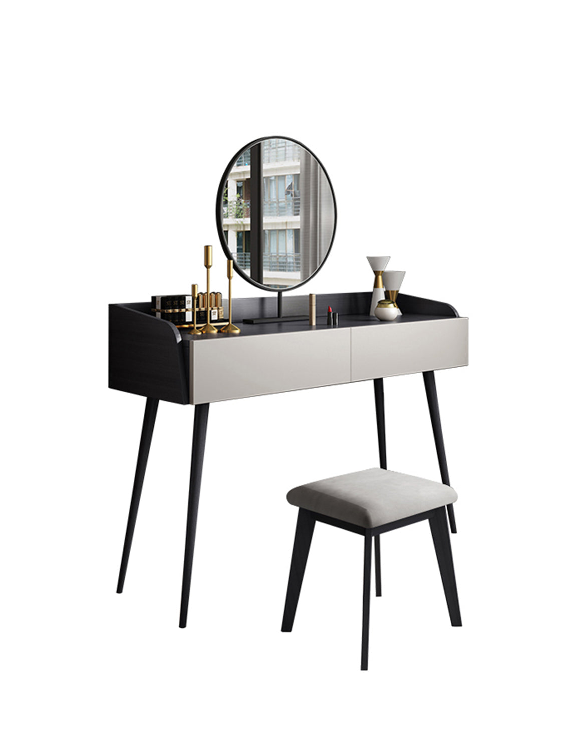 Le Di Vita Modern Dressing Table with Round Mirror and Stylish Minimalist Design