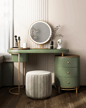 Stylish Le Di Vita Dressing Table in Green with Round Mirror and Elegant Storage Options