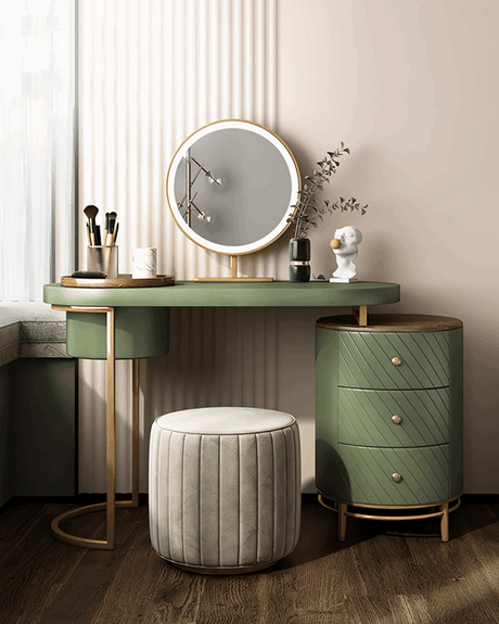Stylish Le Di Vita Dressing Table in Green with Round Mirror and Elegant Storage Options