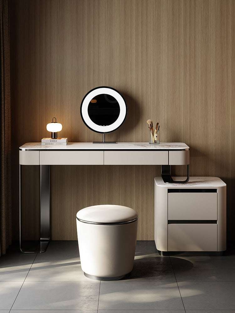 Le Di Vita modern Dressing Table with round mirror and stylish stool for elegant bedroom decor