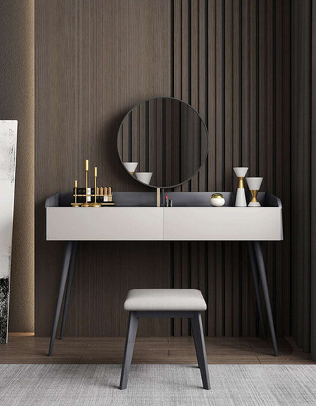 Le Di Vita modern Dressing Table with round mirror and minimalist design, featuring sleek storage drawers