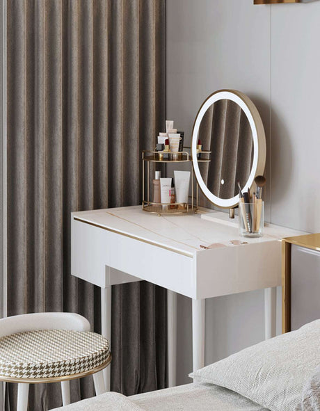 Stylish Le Di Vita Dressing Table with a round mirror and elegant decor for a modern bedroom