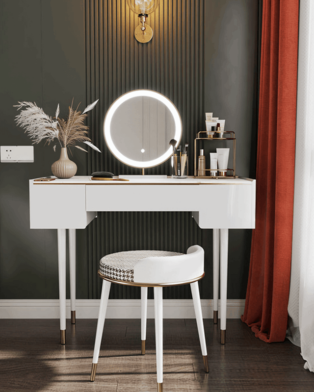Le Di Vita modern dressing table with round mirror and stylish accessories for elegant makeup routines