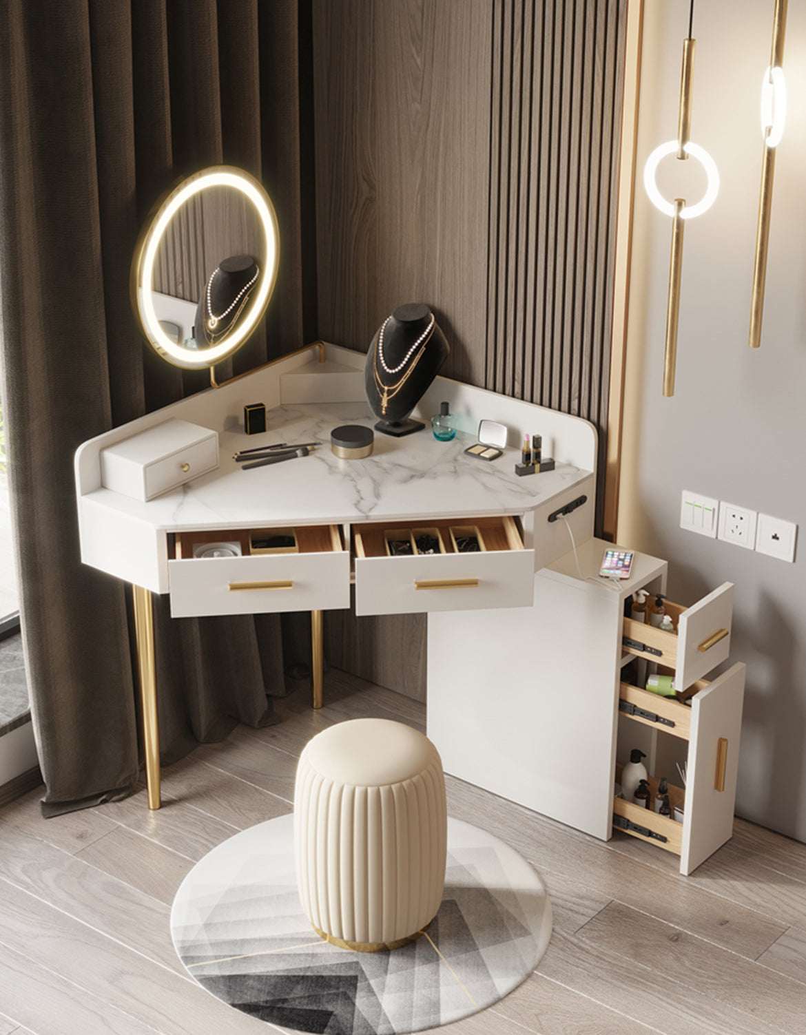 Le Di Vita Dressing Table with Marble Top, Drawers and Stylish Round Stool for Elegant Bedrooms