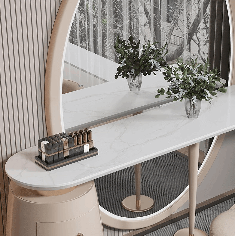 Elegant Le Di Vita Dressing Table with Circular Mirror and Stylish Floral Arrangements