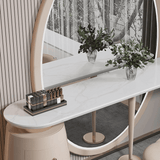 Elegant Le Di Vita Dressing Table with Circular Mirror and Stylish Floral Arrangements