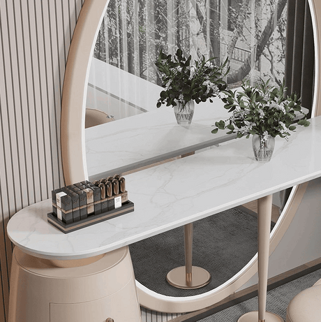 Elegant Le Di Vita Dressing Table with Circular Mirror and Stylish Floral Arrangements