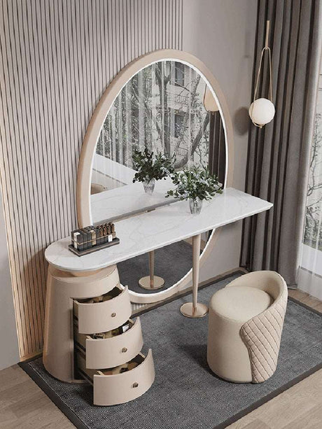 Elegant Le Di Vita Dressing Table with Circular Mirror and Stylish Storage Drawers