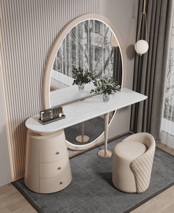 Le Di Vita Dressing Table with Circular Mirror and Stylish Storage for Elegant Bedroom Decor
