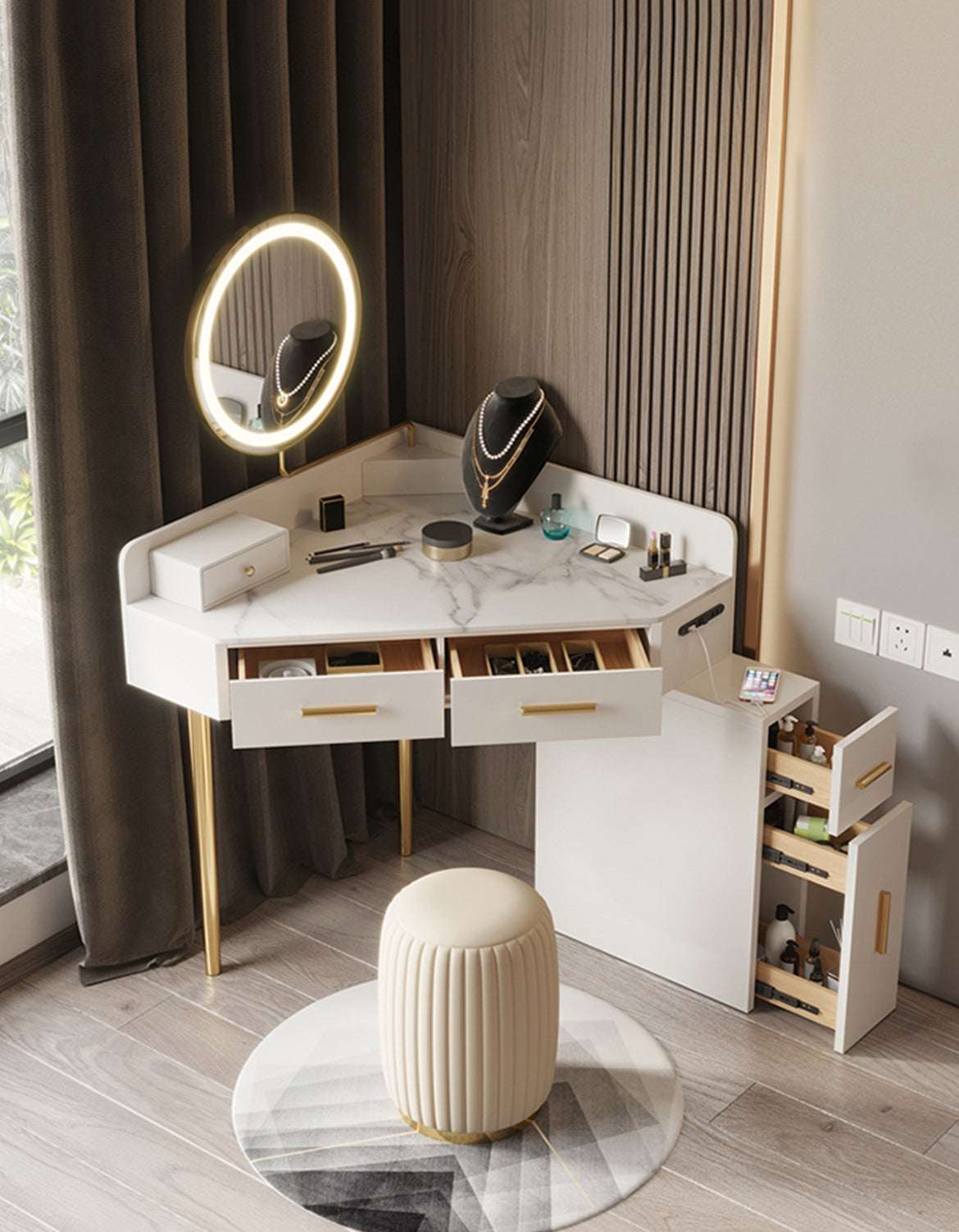 Stylish Le Di Vita Dressing Table with Marble Top, Storage Drawers and Circular LED Mirror