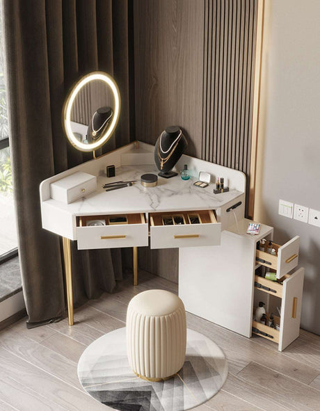 Stylish Le Di Vita Dressing Table with Marble Top, Storage Drawers and Circular LED Mirror