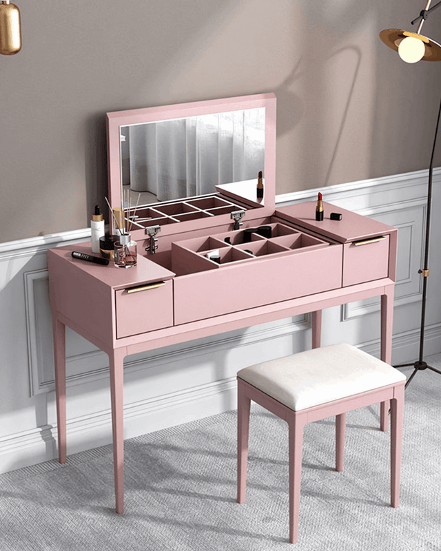 Le Di Vita pink dressing table with storage compartments and a mirror for elegant styling