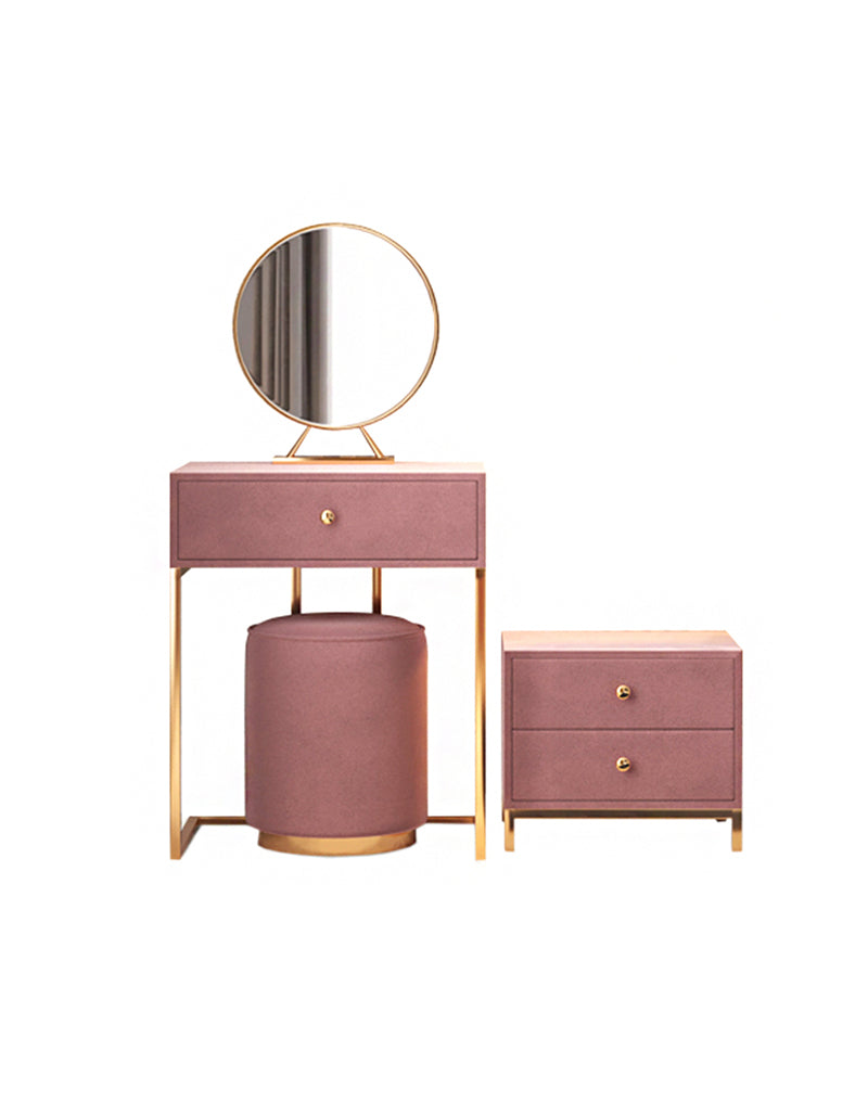 Le Di Vita stylish dressing table set with round mirror, drawer, and pouffe in soft pink and gold accents