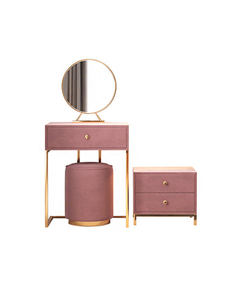 Le Di Vita stylish dressing table set with round mirror, drawer, and pouffe in soft pink and gold accents