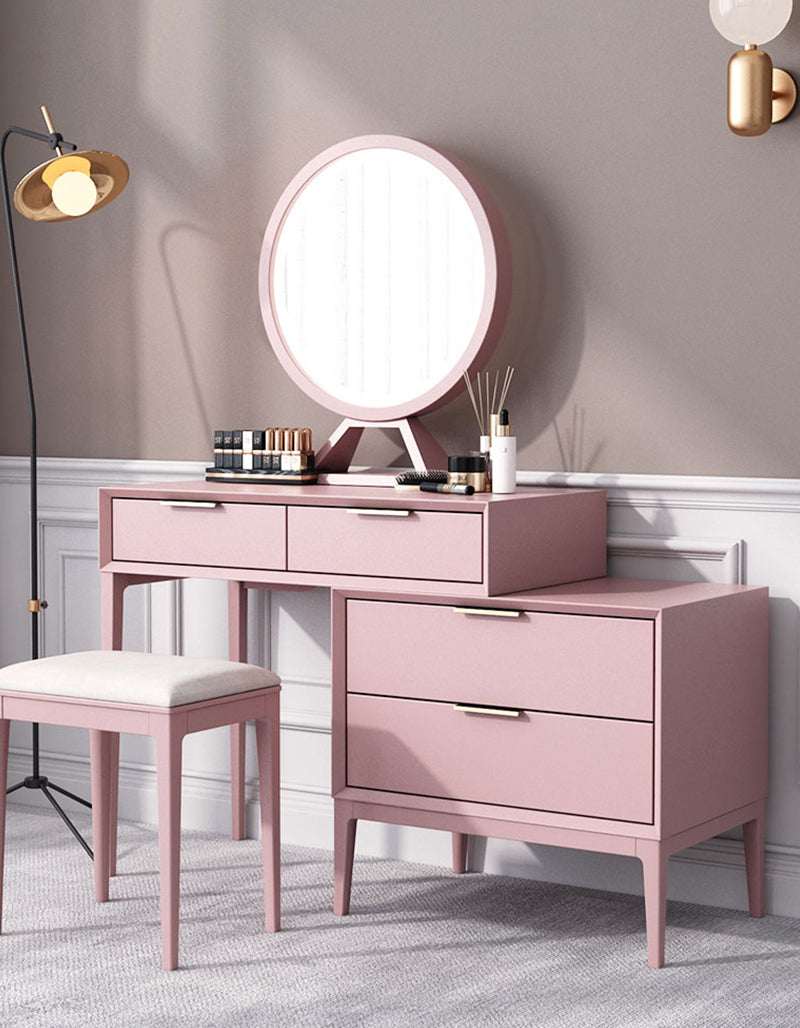 Elegant Le Di Vita dressing table in pink with round mirror and stylish storage drawers