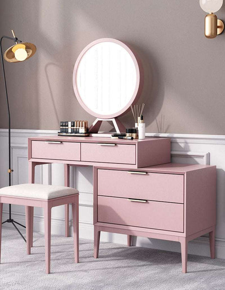 Elegant Le Di Vita dressing table in pink with round mirror and stylish storage drawers