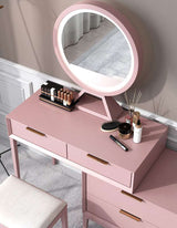 Le Di Vita Pink Dressing Table with Round Mirror and Organiser for Makeup and Accessories