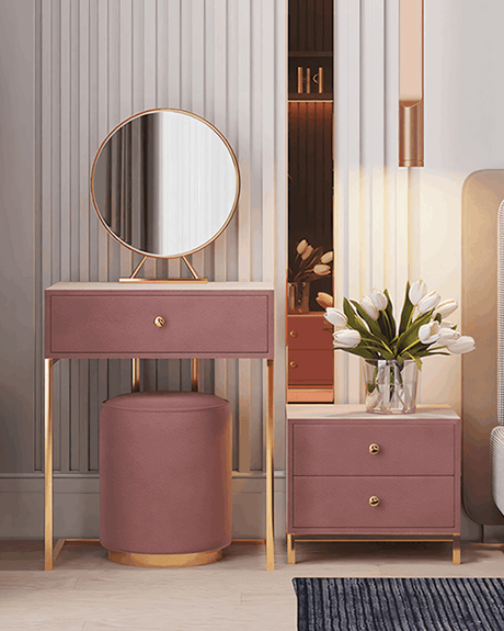 Elegant Le Di Vita Dressing Table with round mirror and stylish gold accents in a modern bedroom setup