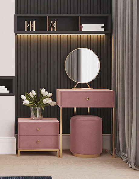 Le Di Vita Dressing Table in Pink with Round Mirror and Gold Accents for Elegant Home Decor
