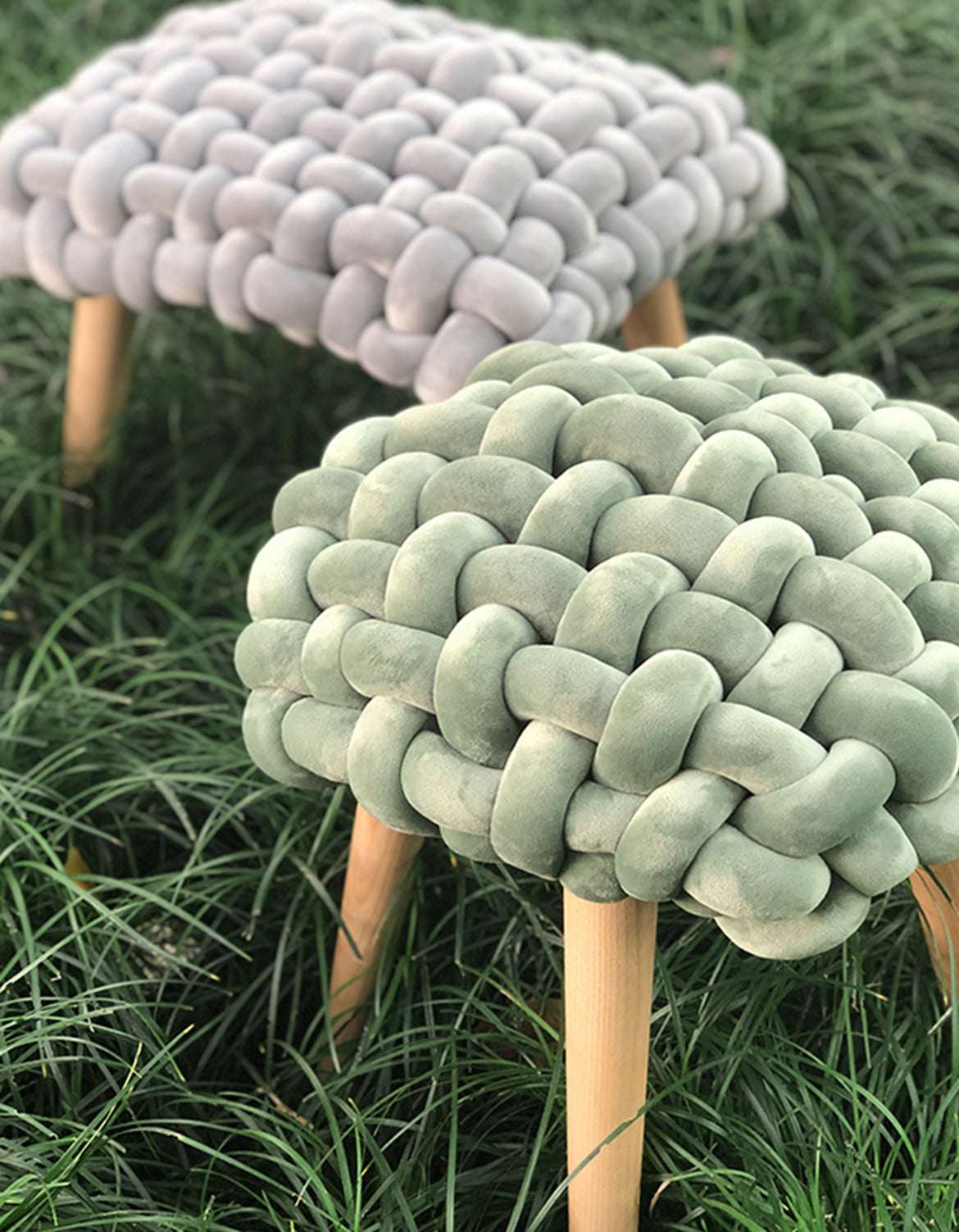 Le Di Vita Dressing Table Stool in grey and green with a soft woven design on wooden legs